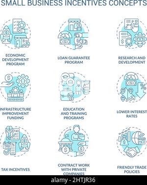Small business incentives turquoise concept icons set Stock Vector