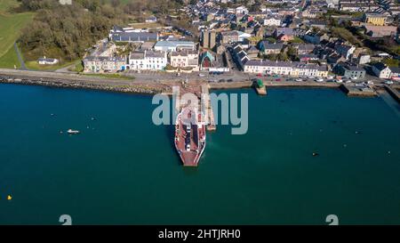Aerial Image of the passenger ferry that travels between Portaferry and Strangford across the lough in Northern Ireland. Stock Photo
