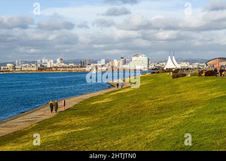 A view along the Cardiff Bay barrage and across Cardiff Bay on a beautiful, sunny January day in winter Stock Photo