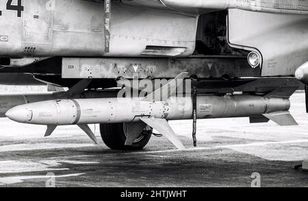 SLIAC, SLOVAKIA - AUGUST 29, 2015: A winged missile under the wing of a fighter. Rocket on jet figher. Armament of the aircraft. Stock Photo