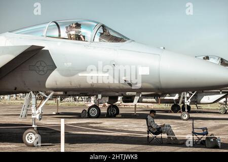 SLIAC, SLOVAKIA - AUGUST 29, 20215: Pilot sitting under the air fighter F-15 Eagle Stock Photo
