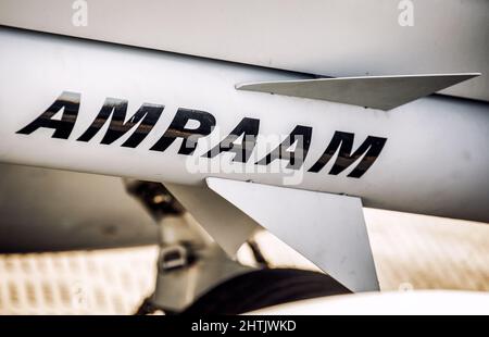 SLIAC, SLOVAKIA - AUGUST 29, 2015: A winged missile under the wing of a fighter. Rocket Amraam on jet figher. Stock Photo