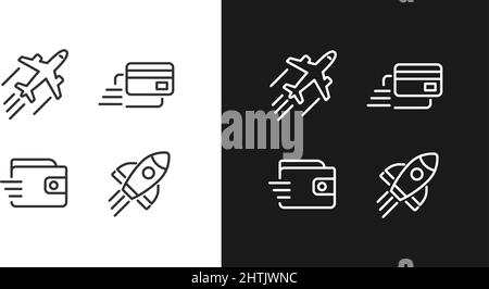 Flying transport pixel perfect linear icons set for dark, light mode Stock Vector