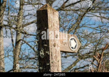 Close up top section of wooden footpath sign with added directional roundel pointing to the right Stock Photo