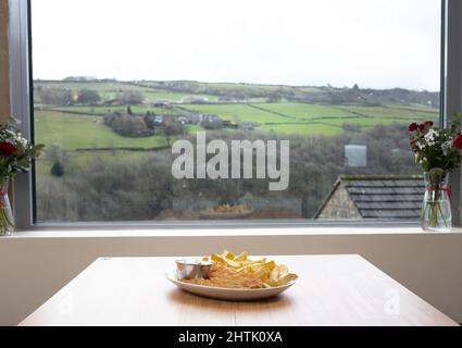 Holmfirth, West Yorkshire, compo's, Fish and chip restaurant , with views of the Holme Valley. Stock Photo