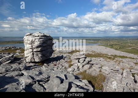 Typical Burren landscape of fissured limestone pavement and loose boulder overlooking Galway Bay near Ballyvaughan, The Burren, County Clare, Ireland Stock Photo