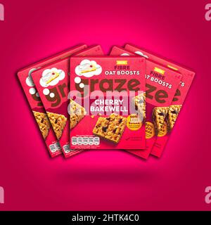 SWINDON, UK - FEBUARY 27, 2022: Packs of Graze Cherry Bakewell bars Stock Photo