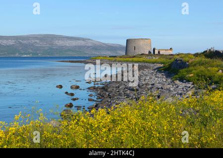 Ruined Martello tower and Burren mountains beside Galway Bay, Finavarra, near Ballyvaughan, The Burren, County Clare, Ireland Stock Photo