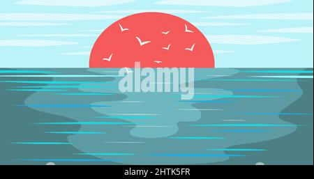 Calm sea landscape. Sunrise and flying bird above beautiful sea. Vector illustration Stock Vector