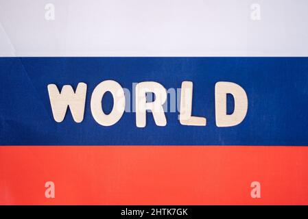 The word Peace on the flag of Russia. The concept of Peace and Friendship. Stock Photo