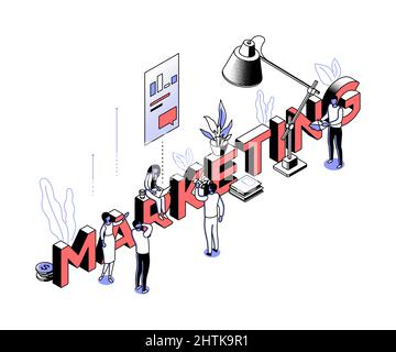 Marketing - modern line isometry design style illustration. Picture with employees working as a freelancer or in office team. Analyze data, get a lett Stock Vector