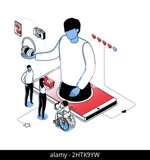 Blogging online - modern line isometry design style illustration. Detailed picture with people watching live stream on smartphone, male blogger review Stock Vector
