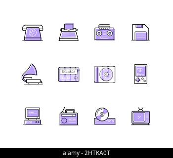 Retro technique - modern line design style icons set with editable stroke. Disused electrical appliances. Typewriter, boombox, floppy disk, gramophone Stock Vector