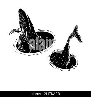 Blue whale and planets in solar system. Astronomical galaxy space. Explore adventure. Engraved hand drawn in old sketch.  Stock Vector