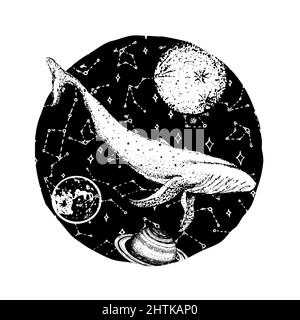 Blue whale and planets in solar system. Astronomical galaxy space. Explore adventure. Engraved hand drawn in old sketch.  Stock Vector