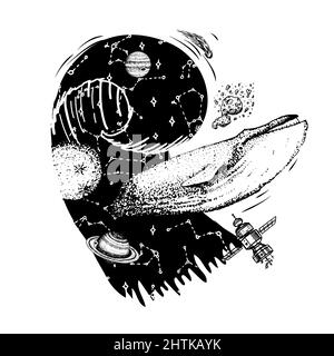 Blue whale and planets in solar system. Sea wave. Astronomical galaxy space. Explore adventure. Engraved hand drawn in old sketch.  Stock Vector