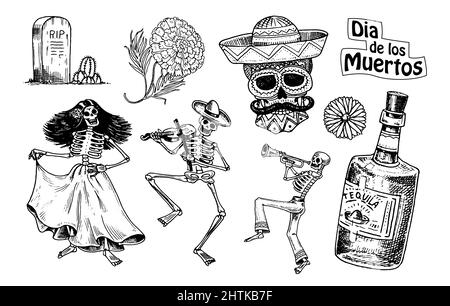 Day of the dead. Mexican national holiday. Original inscription in Spanish Dia de los Muertos. Skeletons in costumes dance, play the violin, trumpet Stock Vector