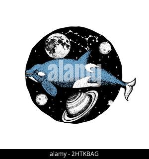 Blue whale and planets in solar system. Astronomical galaxy space. Explore adventure. Engraved hand drawn in old sketch.  Stock Vector