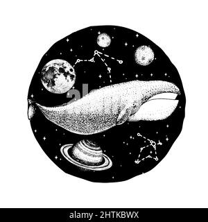 Blue whale and planets in solar system. Astronomical galaxy space. Explore adventure. Engraved hand drawn in old sketch.  Stock Vector