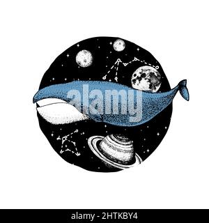 Blue whale and planets in solar system. Astronomical galaxy space. Explore adventure. Engraved hand drawn in old sketch.  Stock Vector