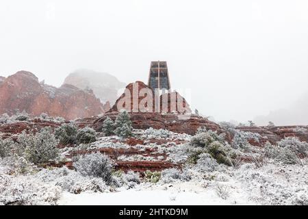 Winter snow at Chapel of the Holy Cross in Sedona, Arizona Stock Photo