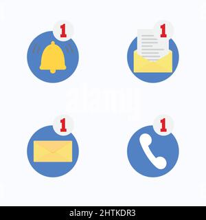Notification icon collection for mobile application, message, call and incoming with counter. Ignored notifications, pop-up messages, missed call, new Stock Vector