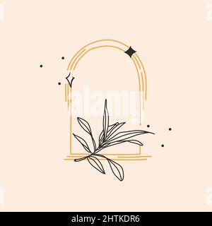 Hand drawn vector abstract stock flat graphic illustration with logo element,bohemian astrology magic minimalistic emblem of line arch portal with Stock Vector