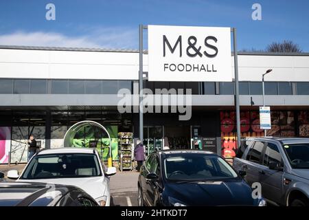 An M&S (Marks & Spencer) Foodhall at Gallagher Retail Park, Huddersfield selling pre-packaged finished food and drink items as opposed to ingredients. Stock Photo