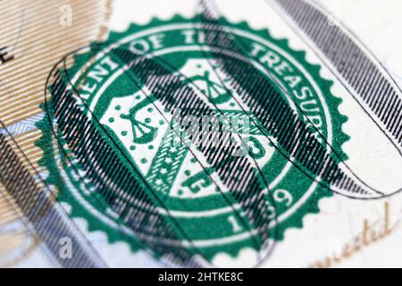Close up perspective view of hundred-dollar bill. Fragment of the Obverse side of 100 one hundred dollars bill banknote Stock Photo