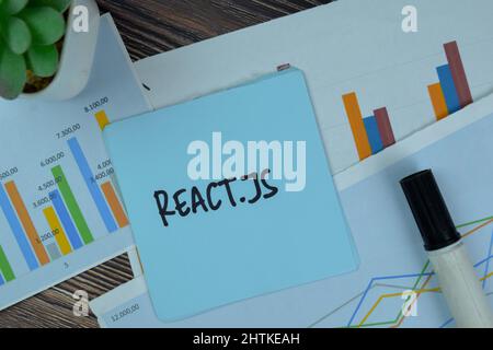 React.JS write on sticky notes isolated on Wooden Table. Stock Photo