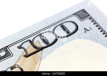 Close up perspective view of hundred-dollar bill. Dolar USA close up. Economy, savings and the US dollar Stock Photo