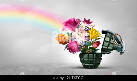 No War concept as a grenade weapon and flowers as a symbol for peace and hope as an unexploded bomb or disarmed explosive device. Stock Photo