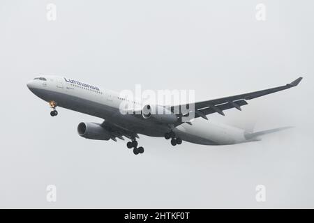 SeaTac, WA, USA - February 28, 2022; Lufthansa Airbus A330 landing during heavy rain at SeaTac on flight from Frankfurt to Seattle Tacoma Stock Photo