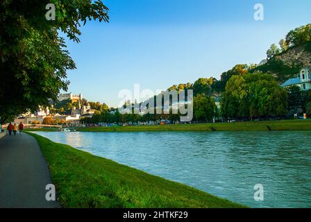 The Salzach River as it flows through the wonderful city of Salzburg Stock Photo
