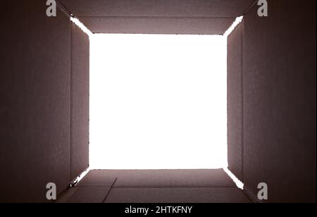 Inside Square Cardboad Box Looking Out on White Background. Stock Photo
