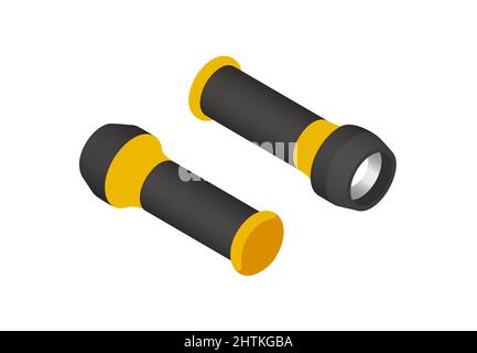 Yellow flashlight isometric isolated on white background. Stock Vector