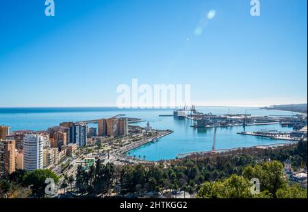 Panoramic view over the harbor of Malaga, Spain Stock Photo