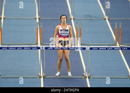 Saturday 26 February : Grace Morgan of  CARDIFF in the 60 Meters Hurdles at the  UK Athletics Indoor Championships and World Trials  Birmingham at the Stock Photo