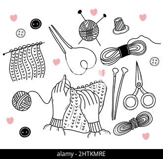 Outline vector Knitting set. Skein of woolen yarn, hand knitting, scissors, knitting needles, knitted fabric, thimble. Needlework, Handmade, Hobby. Ha Stock Vector