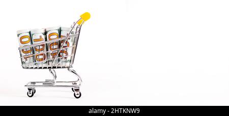 Banner with supermarket trolley with rolled dollar bills isolated on white background. Copy space. Amount of money spent in store. High quality photo Stock Photo