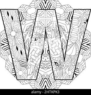 Zentangle stylized alphabet - letter W on mandala for coloring. Vector illustration. Ethnic pattern Stock Vector