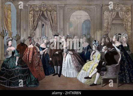 Franklin's Reception at the Court of France, 1778.  Benjamin Franklin, 1706 - 1790.  American Founding Father, author, politician, printer, scientist, philosopher, publisher, inventor, civic activist and diplomat.  He was appointed as the United States first Ambassador to France in 1776.  In the picture King Louis XVI and his wife Marie Antoinette are seated on the right.  After a work by Anton Hohenstein. Stock Photo