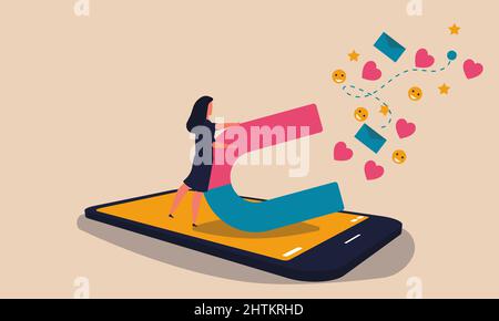 Digital phone live social magnet and media marketing. Promotion mobile with emoji and streaming vector illustration concept. Broadcast conversation an Stock Vector