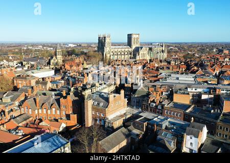 Aerial drone view of York city centre and York Minster Stock Photo