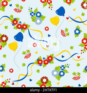 Floral seamless pattern. Ukrainian symbols Yellow-blue balloons, a wreath with ribbons, flowers, bunch of viburnum and hearts on light blue background Stock Vector