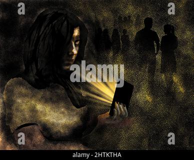 A girl, perhaps in a nightclub, or other social event appears alone looking to her cell phone.  This is a 3d illustration, Stock Photo