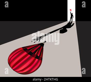 A child plays with a toy balloon but imagines a huge hot air balloon in this 3-d illustration. Stock Photo