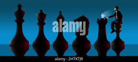 A man has taken an entry level job and sits on a pawn on a chessboard with king, queen and other chess pieces nearby in a 3-d illustration. Stock Photo
