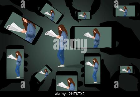 A young adult reading a newspaper is itself newsworthy. Cell cameras record the rare event in this 3-d illustration. Stock Photo