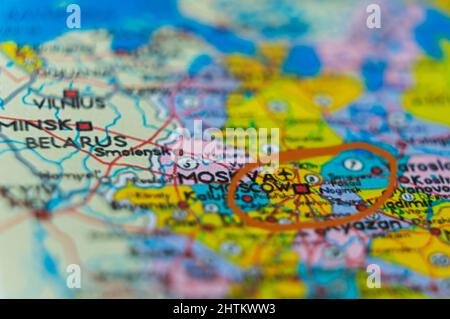 Russia, selective focus on Moscow- capital city, pinned on political map, Stock Photo